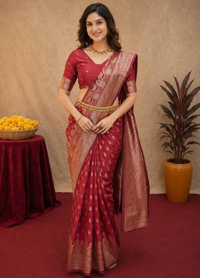 Red art silk blend banarasi jacuard work saree with unstitched blouse piece