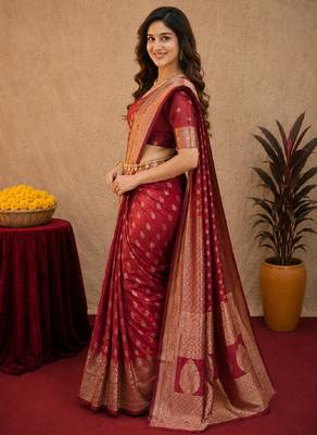 Red art silk blend banarasi jacuard work saree with unstitched blouse piece 2
