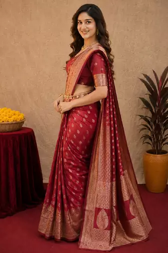Red art silk blend banarasi jacuard work saree with unstitched blouse piece