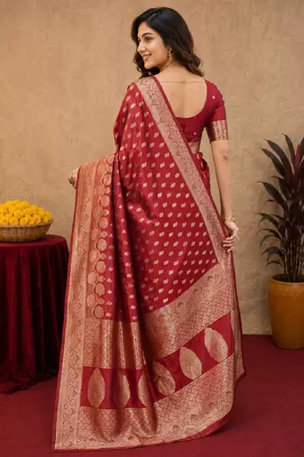 Red art silk blend banarasi jacuard work saree with unstitched blouse piece