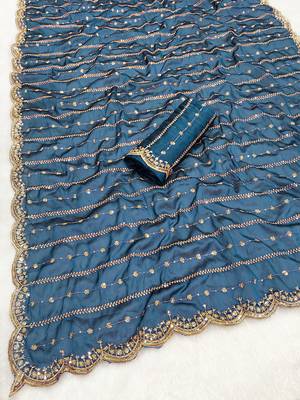 Petrol multicolor sequece embroidery work rangoli saree with blouse 1