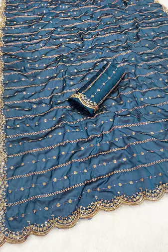 Petrol multicolor sequece embroidery work rangoli saree with blouse