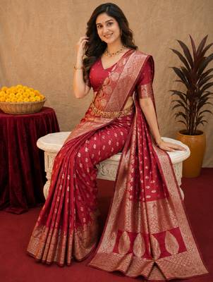 Red art silk blend banarasi jacuard work saree with unstitched blouse piece 4