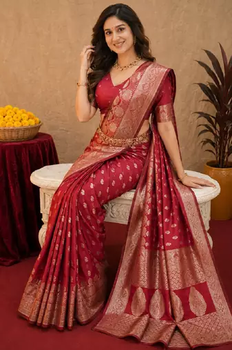 Red art silk blend banarasi jacuard work saree with unstitched blouse piece