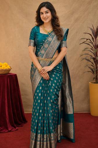 Turquoise art silk blend banarasi jacuard work saree with unstitched blouse piece