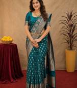 Turquoise art silk blend banarasi jacuard work saree with unstitched blouse piece