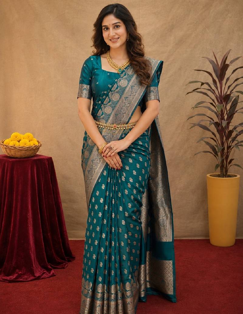 Turquoise art silk blend banarasi jacuard work saree with unstitched blouse piece