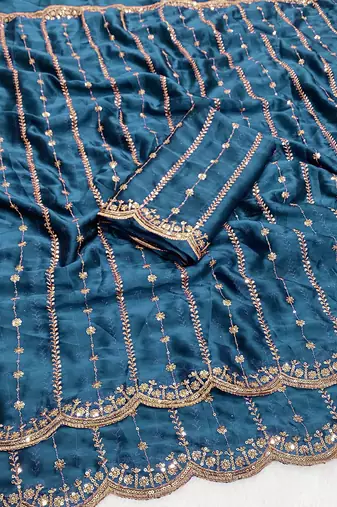 Petrol multicolor sequece embroidery work rangoli saree with blouse