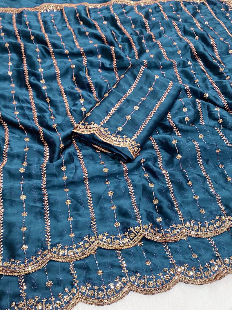 Petrol multicolor sequece embroidery work rangoli saree with blouse