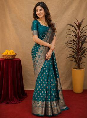 Turquoise art silk blend banarasi jacuard work saree with unstitched blouse piece 2