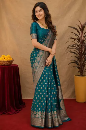 Turquoise art silk blend banarasi jacuard work saree with unstitched blouse piece