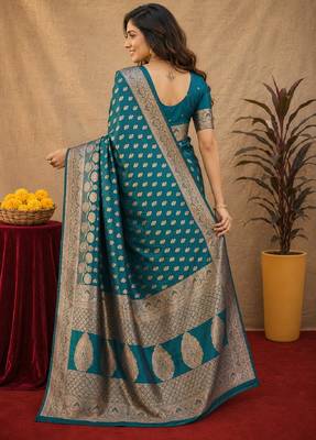 Turquoise art silk blend banarasi jacuard work saree with unstitched blouse piece 3
