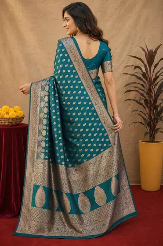 Turquoise art silk blend banarasi jacuard work saree with unstitched blouse piece