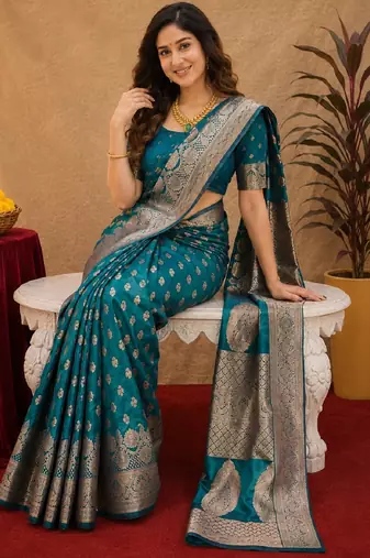 Turquoise art silk blend banarasi jacuard work saree with unstitched blouse piece