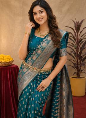 Turquoise art silk blend banarasi jacuard work saree with unstitched blouse piece 5