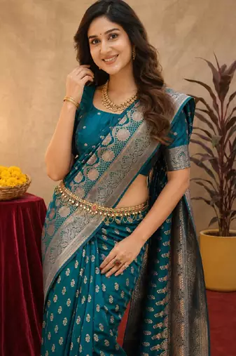 Turquoise art silk blend banarasi jacuard work saree with unstitched blouse piece