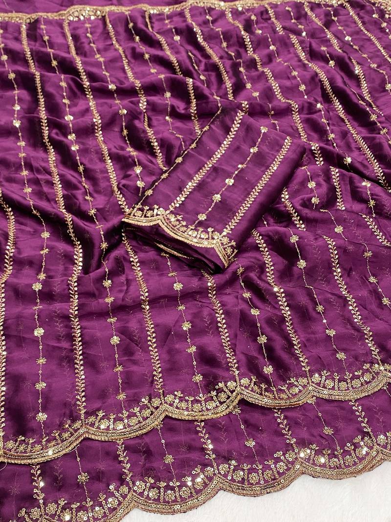 Wine multicolor sequece embroidery work rangoli saree with blouse
