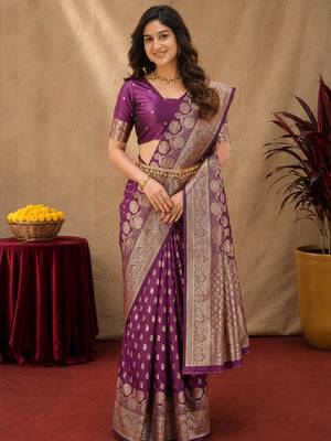 Wine art silk blend banarasi jacuard work saree with unstitched blouse piece 1