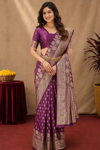 Wine art silk blend banarasi jacuard work saree with unstitched blouse piece
