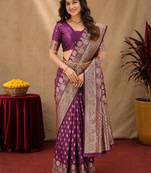 Wine art silk blend banarasi jacuard work saree with unstitched blouse piece
