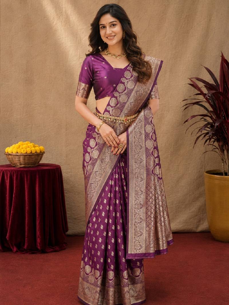 Wine art silk blend banarasi jacuard work saree with unstitched blouse piece