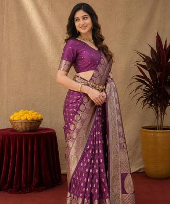 Wine art silk blend banarasi jacuard work saree with unstitched blouse piece 2