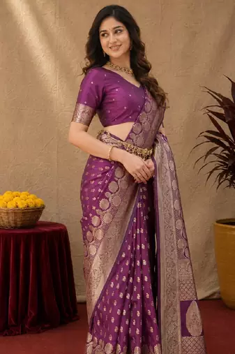Wine art silk blend banarasi jacuard work saree with unstitched blouse piece