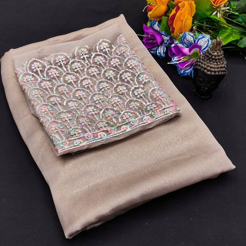 Chikoo multicolor sequece embroidery work moss chiffon saree with blouse