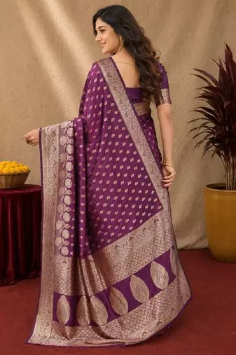 Wine art silk blend banarasi jacuard work saree with unstitched blouse piece