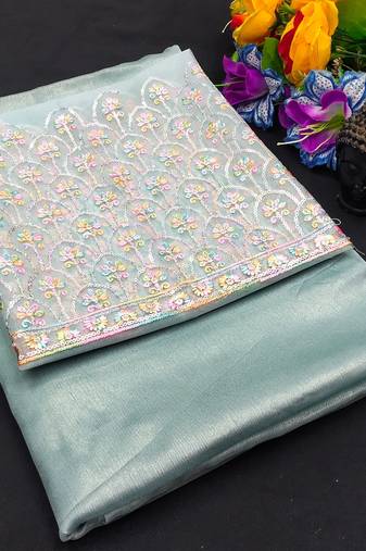 Firozi multicolor sequece embroidery work moss chiffon saree with blouse
