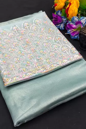 Firozi multicolor sequece embroidery work moss chiffon saree with blouse