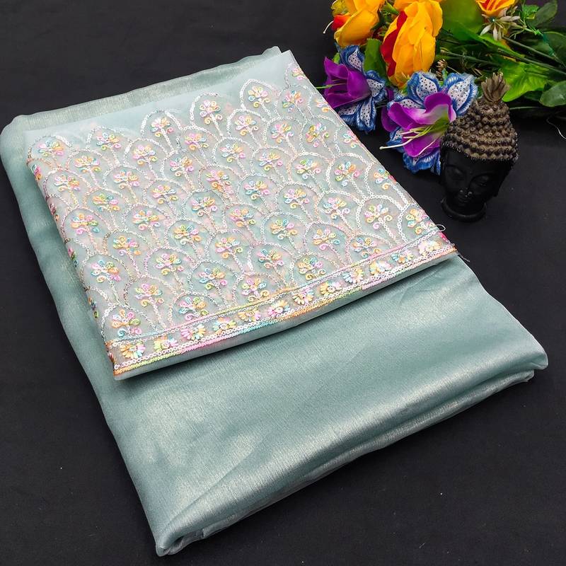 Firozi multicolor sequece embroidery work moss chiffon saree with blouse