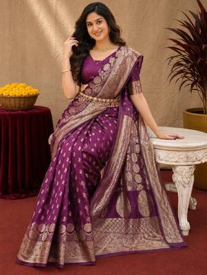 Wine art silk blend banarasi jacuard work saree with unstitched blouse piece 4