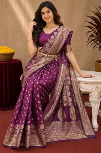 Wine art silk blend banarasi jacuard work saree with unstitched blouse piece