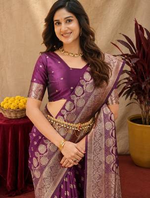Wine art silk blend banarasi jacuard work saree with unstitched blouse piece 5
