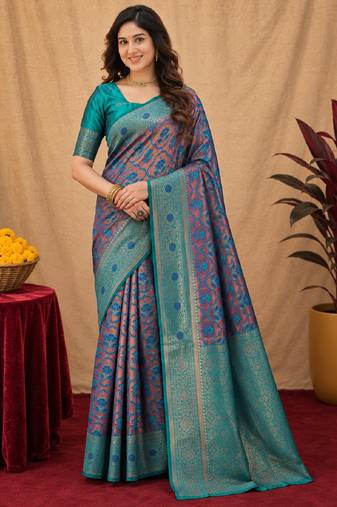 Turquoise soft art silk blend banarasi jacuard work saree with unstitched blouse piece