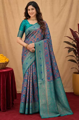 Turquoise soft art silk blend banarasi jacuard work saree with unstitched blouse piece