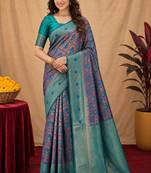 Turquoise soft art silk blend banarasi jacuard work saree with unstitched blouse piece