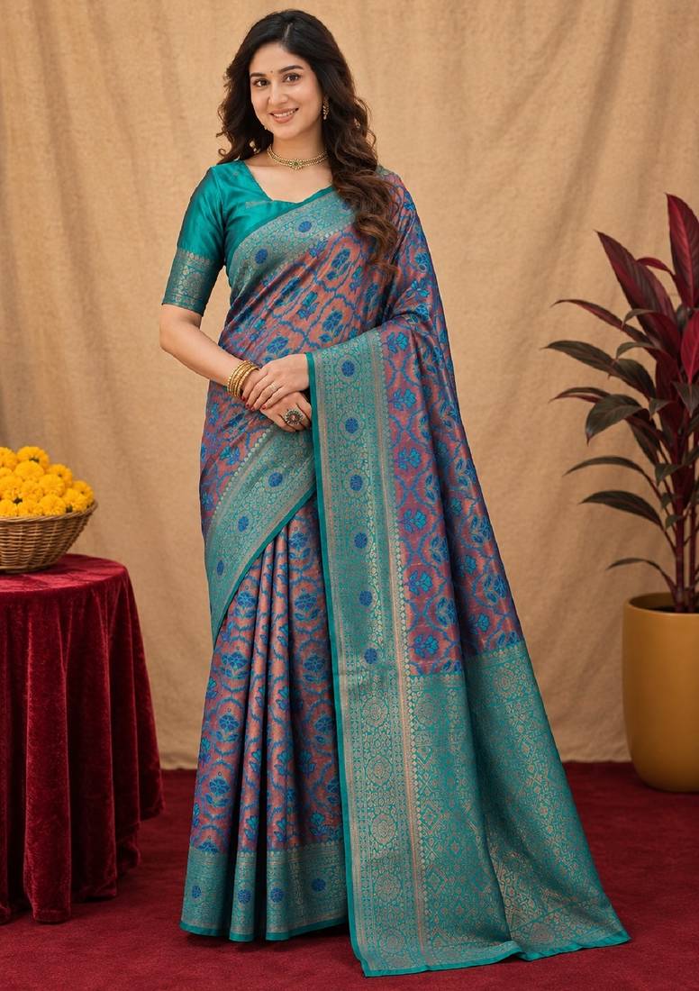 Turquoise soft art silk blend banarasi jacuard work saree with unstitched blouse piece