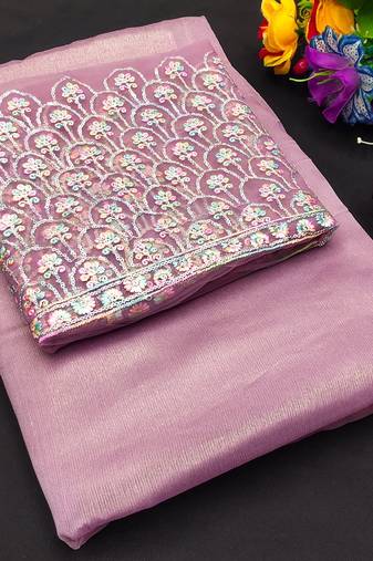 Levender multicolor sequece embroidery work moss chiffon saree with blouse