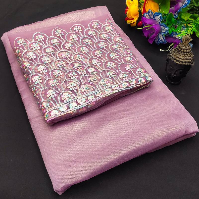 Levender multicolor sequece embroidery work moss chiffon saree with blouse