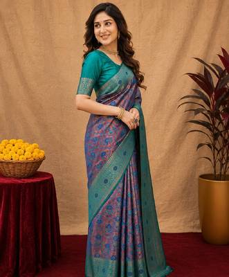 Turquoise soft art silk blend banarasi jacuard work saree with unstitched blouse piece 2