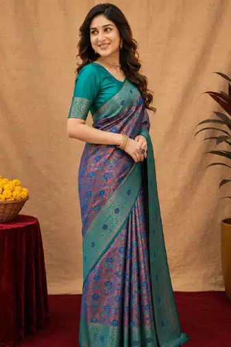 Turquoise soft art silk blend banarasi jacuard work saree with unstitched blouse piece