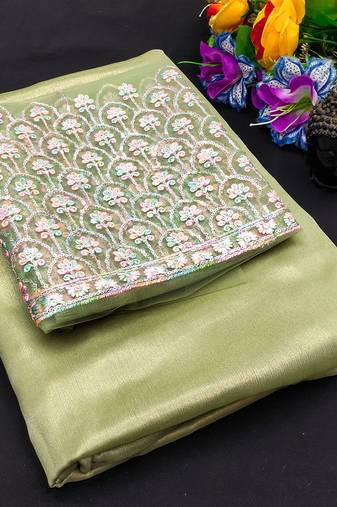 Pista multicolor sequece embroidery work moss chiffon saree with blouse