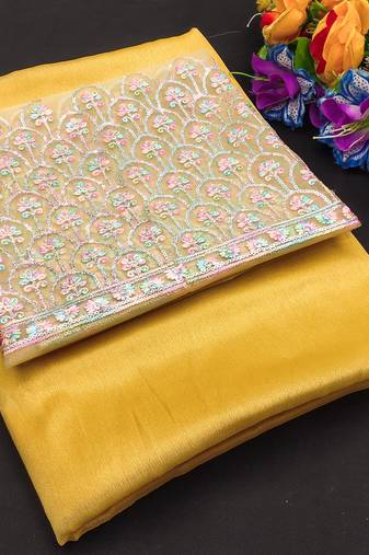 Yellow multicolor sequece embroidery work moss chiffon saree with blouse