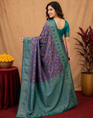 Turquoise soft art silk blend banarasi jacuard work saree with unstitched blouse piece 3