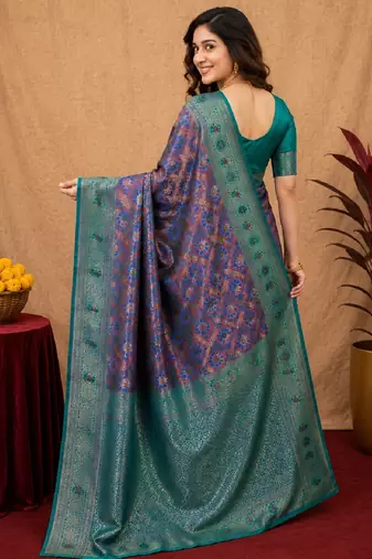 Turquoise soft art silk blend banarasi jacuard work saree with unstitched blouse piece