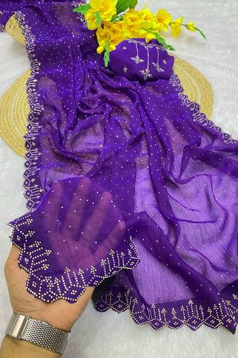 Purple zharkan stone work fendy chiffon saree with blouse