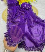 Purple zharkan stone work fendy chiffon saree with blouse