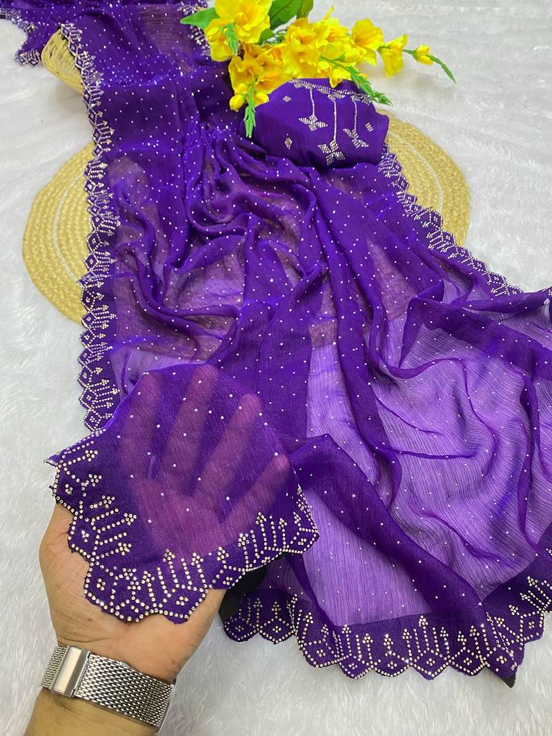 Purple zharkan stone work fendy chiffon saree with blouse
